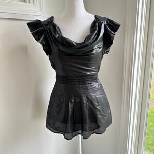 Y2K Bebe Punk Glam Black Faux Leather Retro Ruffle Cowl Neck Babydoll Top Small